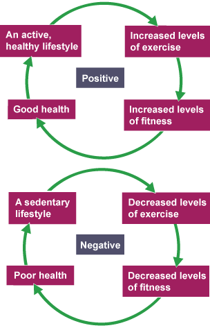 A positive and negative circle charting the negative and positive effects of excersize