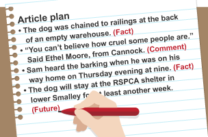 Piece of paper with 'Article plan' written as the title. Underneath, a bulleted list of events relating to the news story have been annotated with either 'Fact', Comment' or 'Future'.