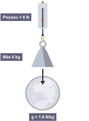 Diagram o’r Lleuad, lle mae disgyrchiant yn cyfateb i 1.6 Newton y cilogram. Uwch ei ben mae pwysau a mesurydd. Mae gan y pwysau fàs o 5 cilogram ac mae’n pwyso 8 Newton.