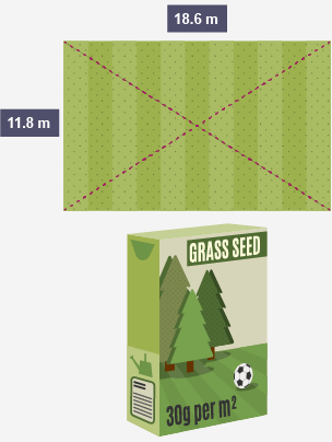 A plot of land 18.6m x 11.8m with intersecting diagnoal lines and a box of grass seeds 30g per m2