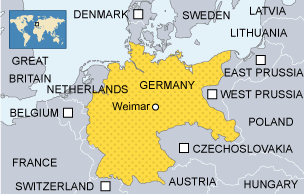 A map showing Weimar in Germany