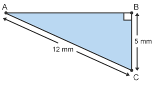 Right-angled triangle where side AC is the hypotenuse, which equals 12mm, side BC equals 5mm, and side AB is unknown