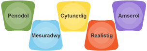 Y geiriau Penodol, Mesuradwy, Cytundedig, Realistig ac Amserol mewn blociau lliw.