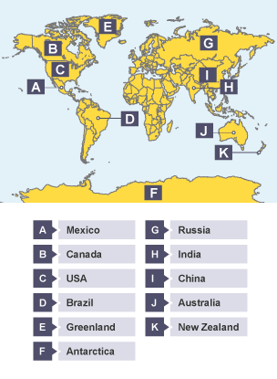 World map labelling Greenland, Canada, USA, Mexico, Brazil, Antartica, New Zealand, Australia, India, China and Russia