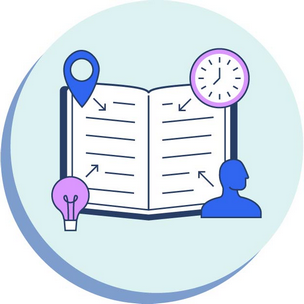 an open book with different icons around, suggesting context