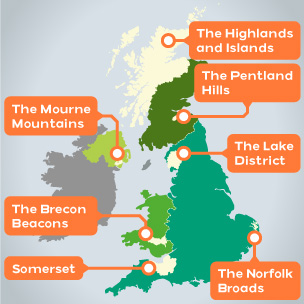 Map of the UK with key areas of countryside labelled such as the Lake District.