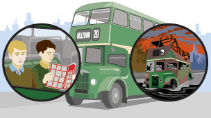 A green double-decker bus with the destination 'Hilltown' and route number '20'. The image includes two circular images. The left circle shows two boys sitting inside the bus, one holding a red map. The right circle shows the same bus in a post-apocalyptic setting, with broken windows and a damaged roof, against an orange sky with dark clouds.