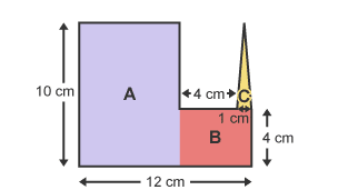 A composite shape. The shape has been divided into two rectangles, labelled ‘A’ and ‘B’, and a triangle, labelled ‘C’