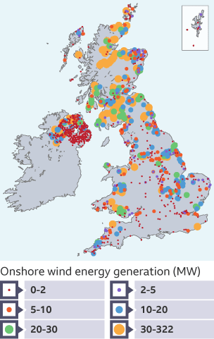 A map showing onshore wind generation, using proportional symbols.