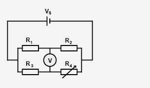 Wheatstone bridge. R4 is variable. R1 & R2 are in series, as are R3 & R4. R1 & R2 are in parallel to R3 & R4. 1 terminal of voltmeter is connected between R1 & R2. Other is connected between R3 & R4.