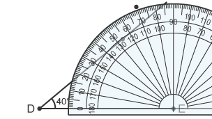 A protractor placed on an angle at point D labelled 40° and a construction mark showing the 70° angle from point E