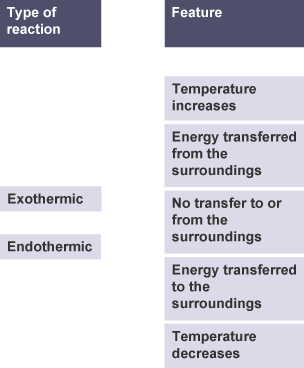 Exothermic and endothermic in boxes on the left with five possible features on the right.