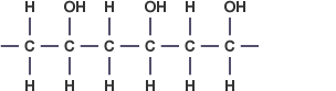 A chain of six carbon atoms. The first, third and fifth carbons are bonded to two hydrogens. The second, fourth and sixth carbons are bonded to a hydrogen and a hydroxyl group.