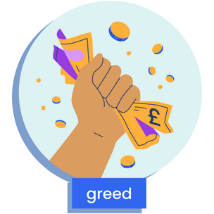 A overflowing fist holding notes and coins, depicting greed