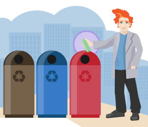 A man standing in front of three different bins and about to recycle a green object.