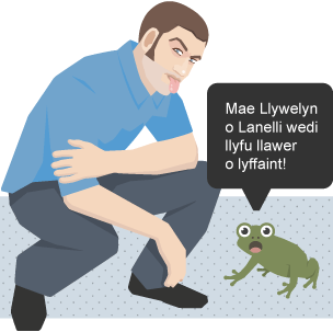 Darluniad o ddyn yn eistedd gyda'i dafod allan, wrth ochr llyffant sy'n dweud "Mae Llywelyn o Lanelli wedi llyfu llawer o lyffaint!