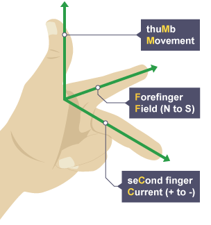 Diagram of Fleming’s left hand rule. The thumb points in the direction of the movement. The forefinger points in the direction of the field. The second finger points in the direction of the current.