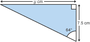 Right-angled scalene triangle with a 64° angle and a height of 7.5cm