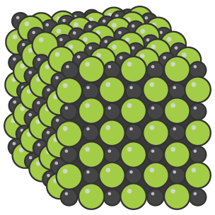 A cube made up of a variety of sized spheres.