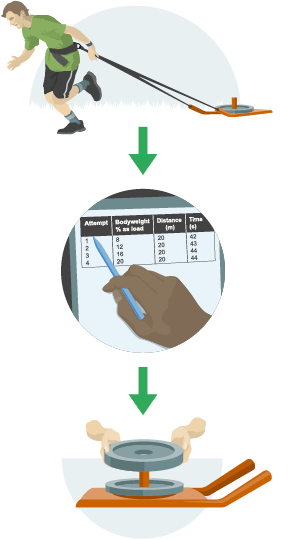 Performer running with a weight sled, looking at collected data and making changes by adding more weights to the sled