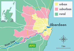 A map of Aberdeen highlighting urban, suburban and rural areas and the River Dee