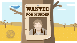 Lennie pictured on a 'Wanted for murder' poster, fixed to a tree.