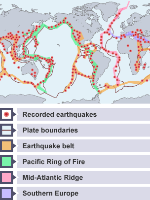 Most earthquakes happen along fault lines.