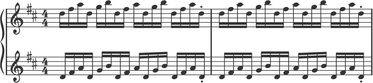 Two bars of musical notation, both in treble clef showing an arpeggiated riff.