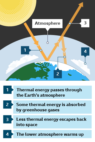 An infographic showing thermal energy from the Sun passing into the Earth's atmosphere, with some of it absorbed by greenhouse gases in the atmosphere and some of it being reflected back into space