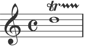 A treble clef, c, whole note on D and a 'tr' and a wavey horizontal line