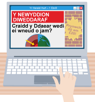 Gliniadur â gwefan ar y sgrin. Mae'r testun yn darllen; 'Yr Herald Hurt - 1 Ebrill. Y Newyddion Diweddaraf: Craidd y ddaear wedi ei wneud o jam? Prynwch dŷ am £20!'