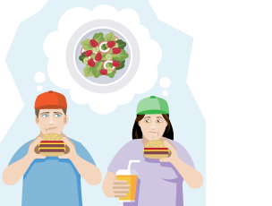 A man and woman eating fast food with a thought bubble demonstarting that they are thinking about salad.