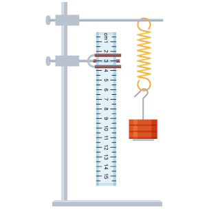 A clamp stand holds both a spring and a ruler. The spring has a weight hooked onto the bottom. The clamp is attached to a bench.