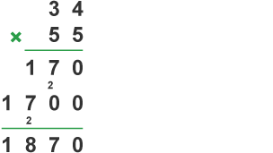 Example of long multiplication (34 * 5)