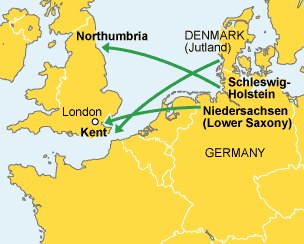 A map of Europe with arrows pointing from Denmark (Jutland) to Kent, an arrow from Neidersachsen (Lower Saxony) to Kent and from Schleswig-Holstein to Northumbria.