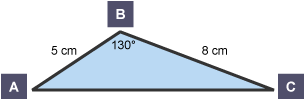 Triangle with 130 degree angle, sides of 5 and 8cm and lables of A, B and C