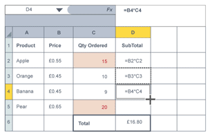 Example of a relative cell reference in a spreadsheet