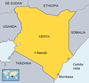 Mae Kenya yn nwyrain Affrica, wrth Gefnfor India.