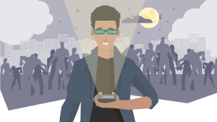 A teenage boy illuminated by the light from a smartphone screen. A silhouetted, threatening crowd can bee seen looming in the background.