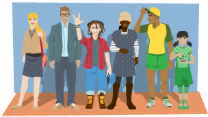 A diverse group of people in a range of outfits and poses.