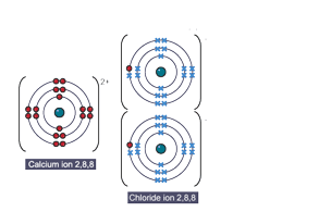 A dot and cross diagram shows the bonding in calcium chloride. In this case a second chlorine atom is required, as the calcium atom needs to lose two electrons to form a full outer shell.