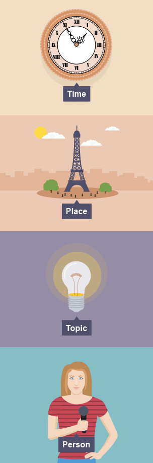 A clock, Parisian scene, lightbulb, and woman with a microphone