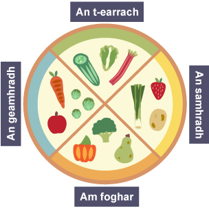 Cuibheall le na ràithean sgrìobhte air agus dealbhan de bhiadh ràitheil