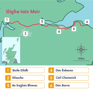 Map a' sealltainn cuid dhe na prìomh sgìrean air Slighe Iain Muir