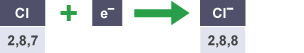 A chlorine atom with electron arrangement 2,8,7. It gains an electron to form an ion with charge 1 minus and electron arrangement 2,8,8.