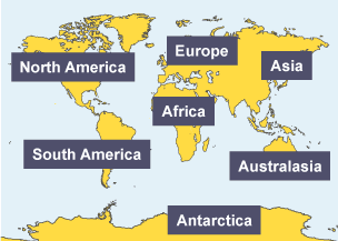 A world map labelling the continents: Europe, Asia, Africa, Australasia, Antarctica, Africa, South America and North America