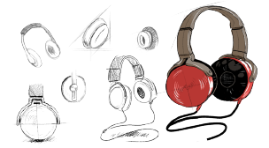 Sketched design ideas of headphones. Includes rough sketches of the various components and a polished colour drawing.