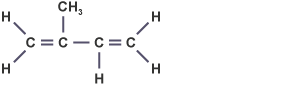 Structure of isoprene (2-methylbuta-1,3-diene). C with two H double-bonded to C with methyl group and single-bonded to C with H. This C is double-bonded to C with two H.