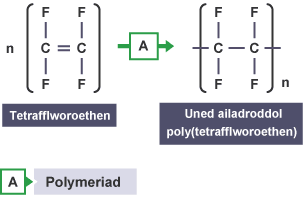 Hafaliad uned ailadroddol ar gyfer polymeriad adio tetrafflworoethen.