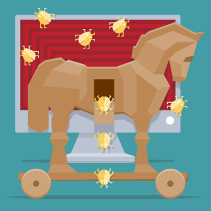 Trojan horse in front of a computer screen.